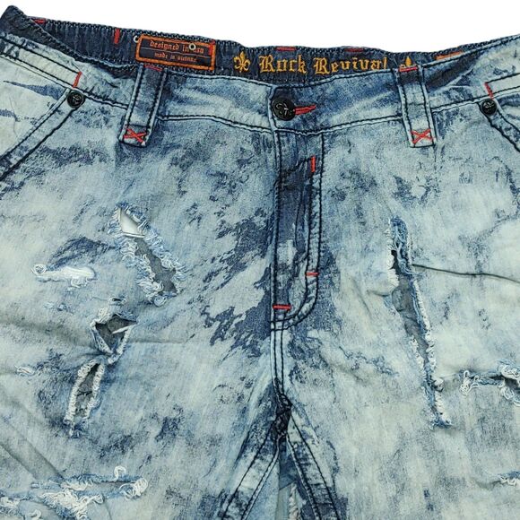 Heavily TRASHED Rock Revival Shorts Men’s 42 Tie Dye Acid Wash Light Denim READ - Picture 11 of 16